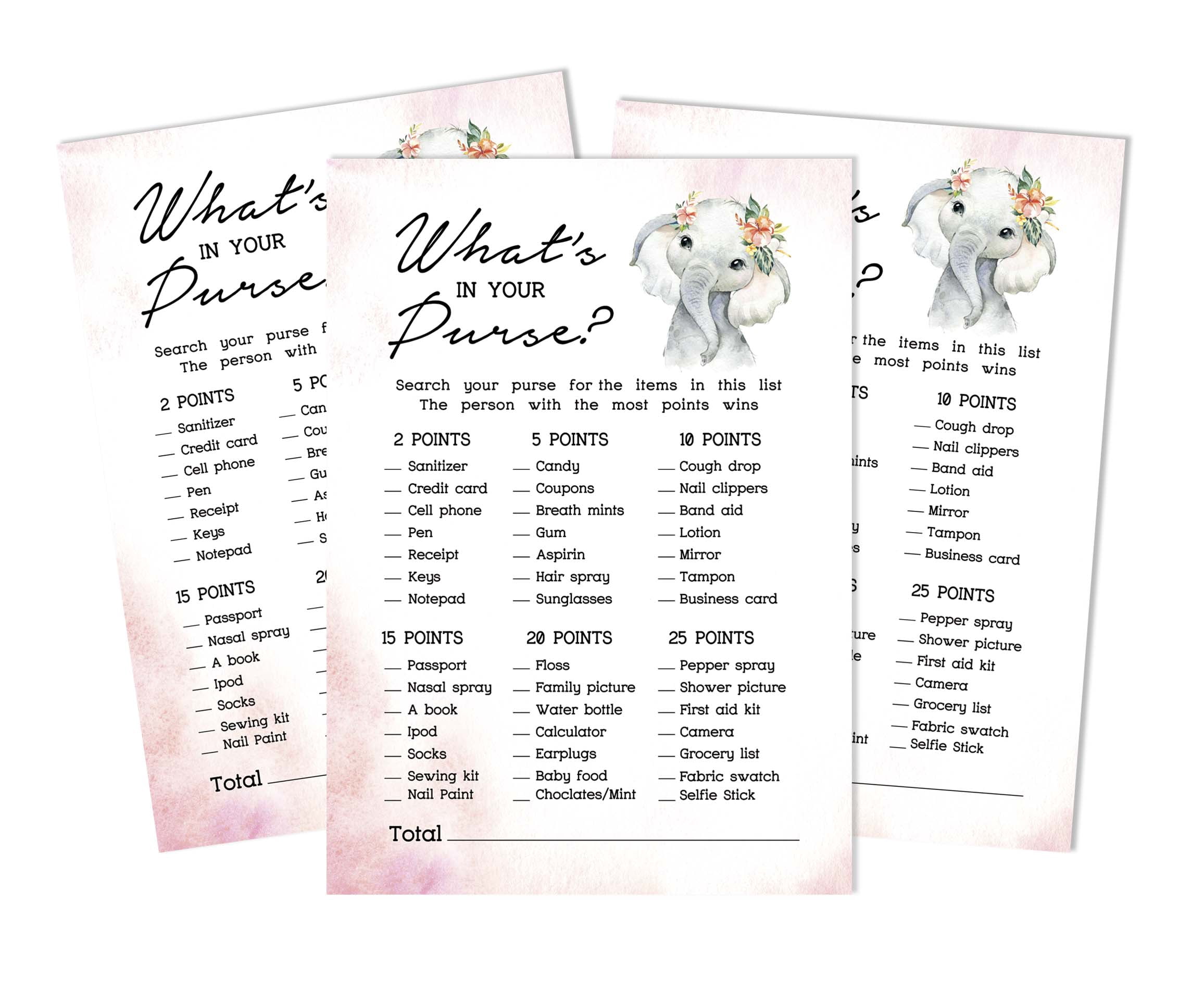 Inkdotpot 50er Pack „Was Ist In Deiner Handtasche?“ Baby-Shower Spiel – Elefanten-Mädchen-Dschungel – Partyspiele Auf Karton 5x7"