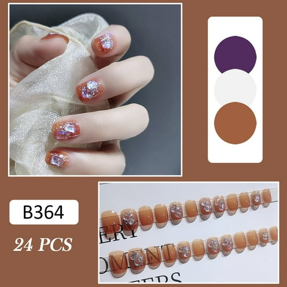 24Pcs Aurora False Nails Glitter Short Fake Nails for Women and Girls Jelly Glue