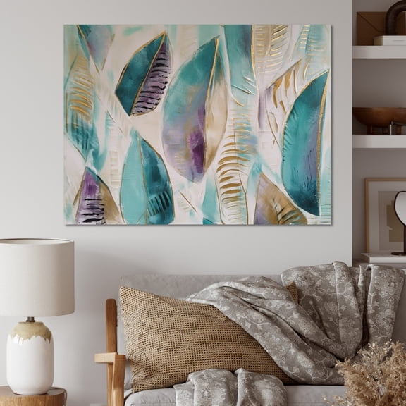 DESIGN ART Designart "Purple Elegant Tropical Leaves" Floral Leaves  Canvas Print 40 in. wide x 30 in. high