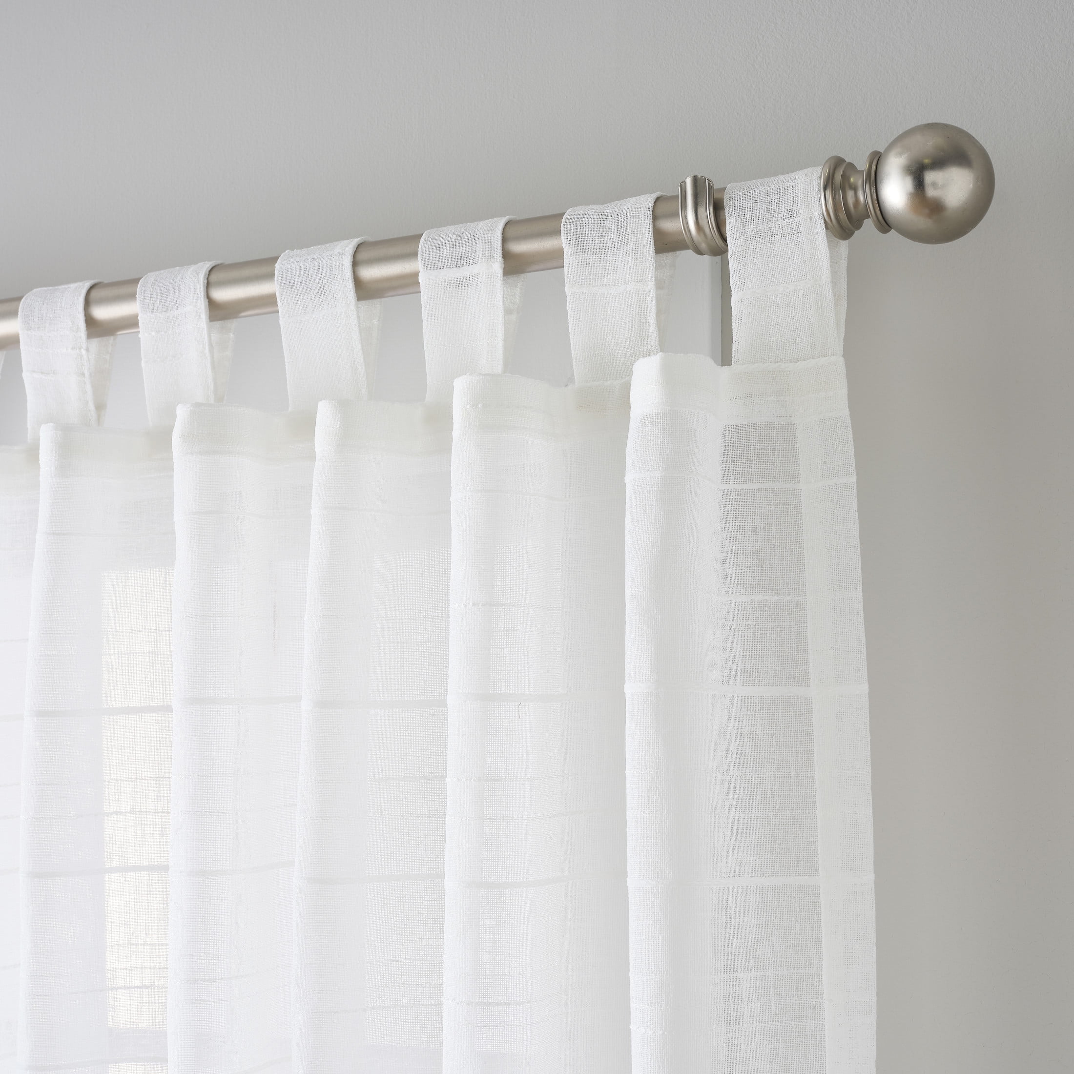 Mainstays Woven Stripe Sheer Tab Top Curtain, Single Panel, White, 50" W x 63" L