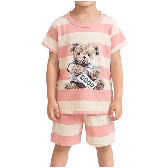 Atogsazn Baby Boys Summer Clothes Set Kids Casual Striped Short Sleeve T-shirt & Wide Leg Shorts Outfit Pink 6-9 Months Fashion
