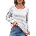 thumbnail image 2 of Women'S Casual Striped Crewneck Sweaters Color Block Long Sleeve Knitted Sweater Tops Gray-Orange XL, 2 of 9