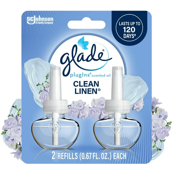 Glade PlugIns Scented Oil 2 Refills, Air Freshener, Clean Linen, Essential Oil Infused Wall Plug In, 1.34 FL oz, Pack of 2