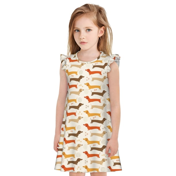 Fotbe Dachshund Vestido de Dormir para Niñas de 3 a 10 Años, Mangas Cortas, Estilo Princesa, Pijama Camisón con Mangas Voladas-Small