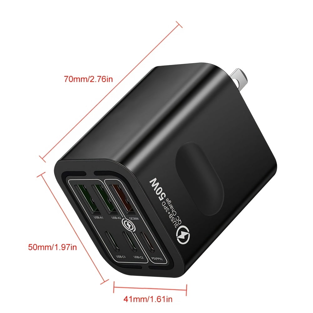 General 2pcs / 5pcs 50W 3 Type-C + 3 USB 6 Ports Mobile Phone Fast Charging Adapter USB Type C QC 3.0 Qiuck Charge Adapter Travel Charger Wall Charger for Iphone 16 Pro Max 15 14 13 12 for Samsung