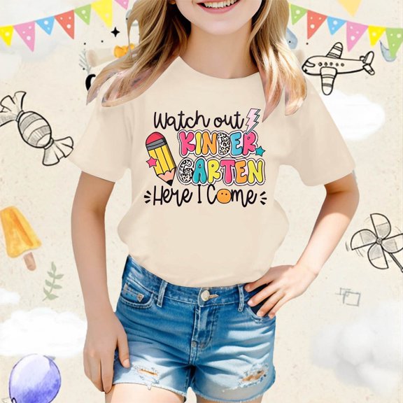 School Uniform Tshirts Children School Season Cartoon Print Tee Short Sleeve Girls Boys Graphic Tees Beige 4-5 Years