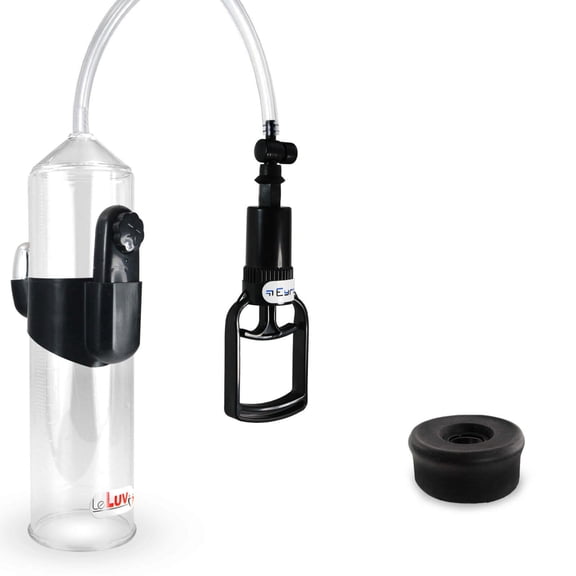 LeLuv Penis Pump Vibrating Easyop Tgrip 2.25" x 9" Cylinder Clear Hose Kit Black Silicone Sleeve