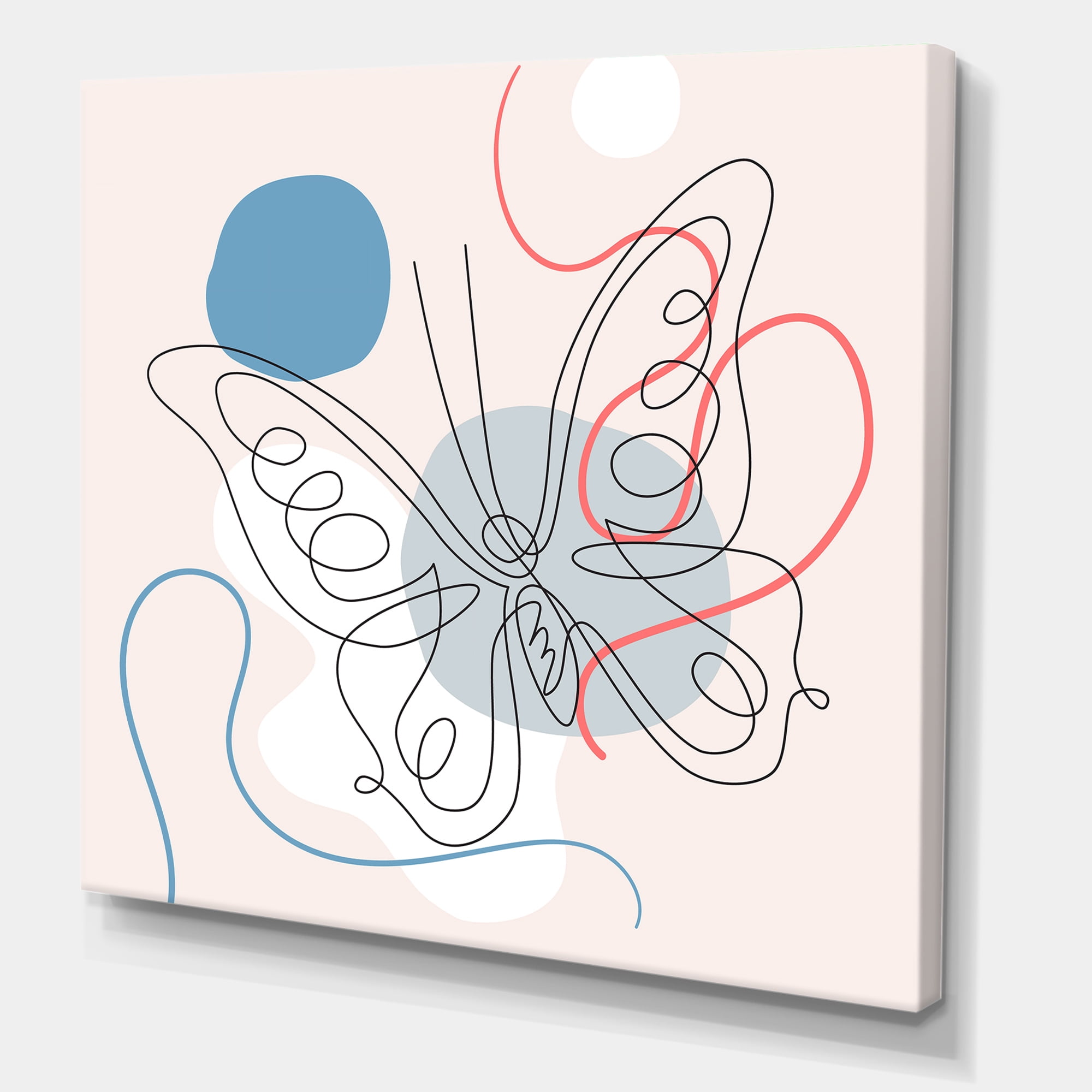 Designart ' One Line Butterfly Drawing On Cubism Shapes III ' Modern Canvas Wall Art Print