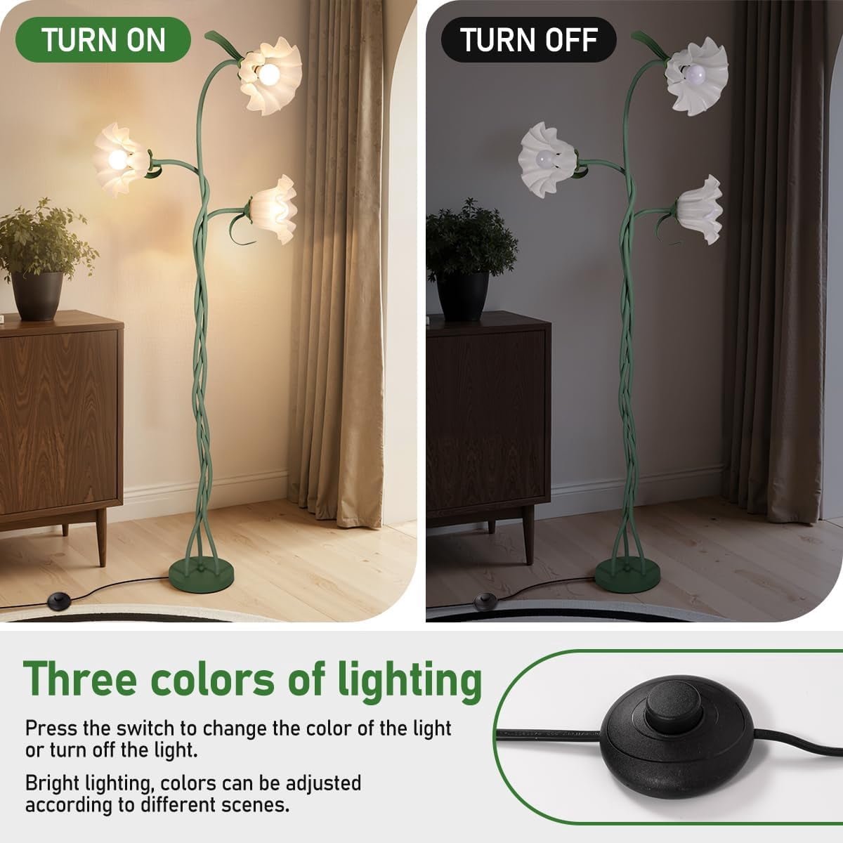 Vintage Flower Floor Lamp for Girls' Bedroom, Cute 3 Heads Floor Reading Light with Flexible Gooseneck, 3 Colors Modern Corner Standing Lamp with Lily for Living Room Office Home Decor,Bulbs Included