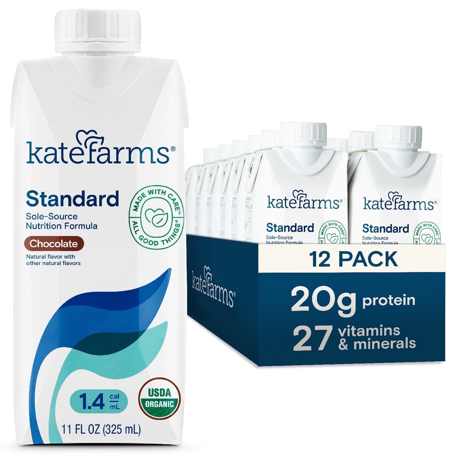 Kate Farms Organic 1.4 High Calorie Adult Nutrition Shake, Chocolate, 20g Protein, 27 Vitamins and Minerals, Meal Replacement, 11 oz (12 Pack)
