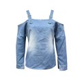 thumbnail image 4 of SSZMDLB Women Square Neck Long Sleeve Cold Shoulder Tops Casual Basic T Shirt Solid Summer Beach Outfits Streetwear, Blue 2XL, 4 of 5