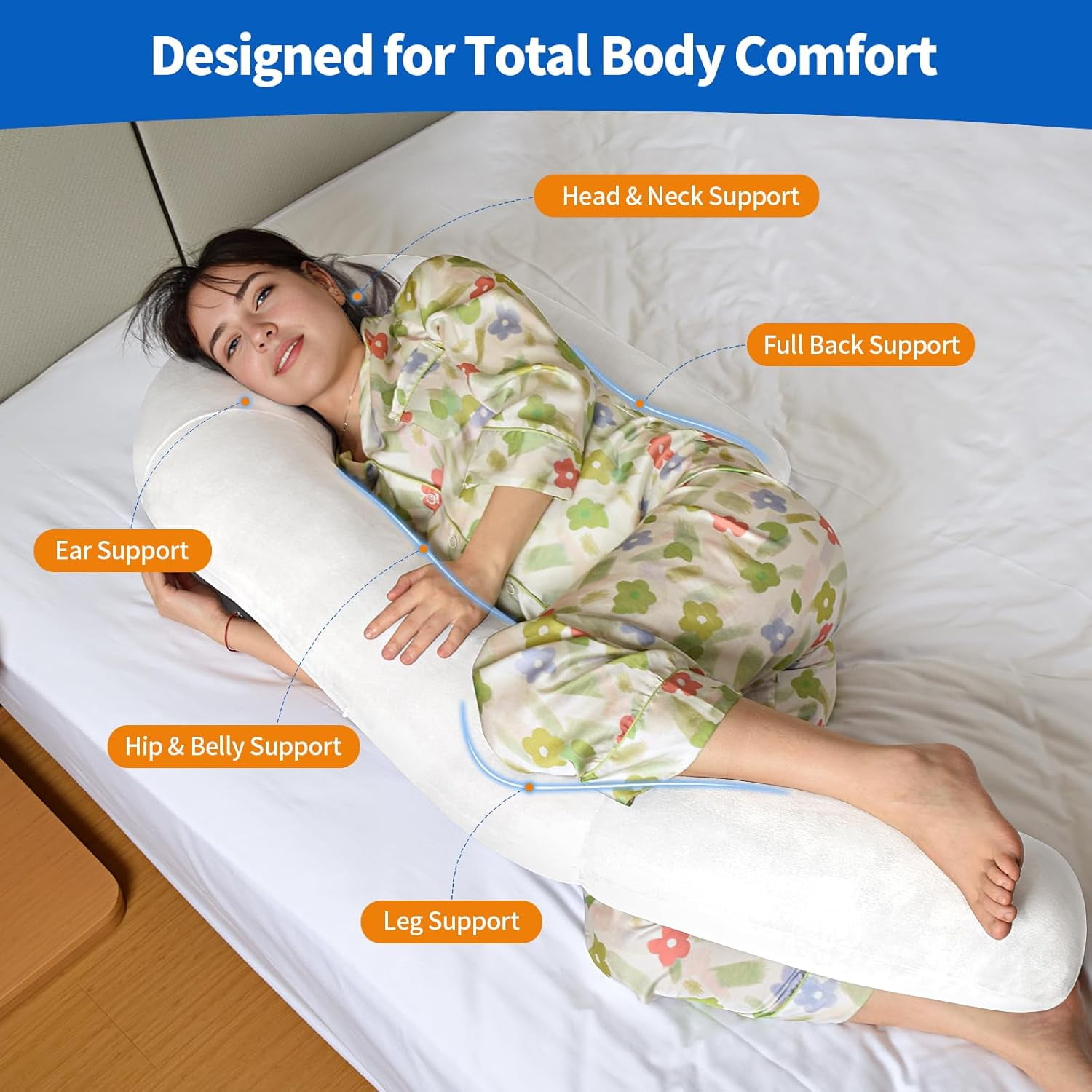 U-Shaped Full Body Pillow for Side Sleepers – 51-Inch Body Pillow with Ear Piercing Design – Cooling Pregnancy Pillow Orthopedic Support for Back, Neck & Hip – Soft Washable Velvet Cover