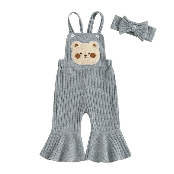 Musuos Baby Girl Fall Cute Overalls 3M-24M Bear Embroidery Sleeveless Flared Romper Jumpsuit and Headband Set