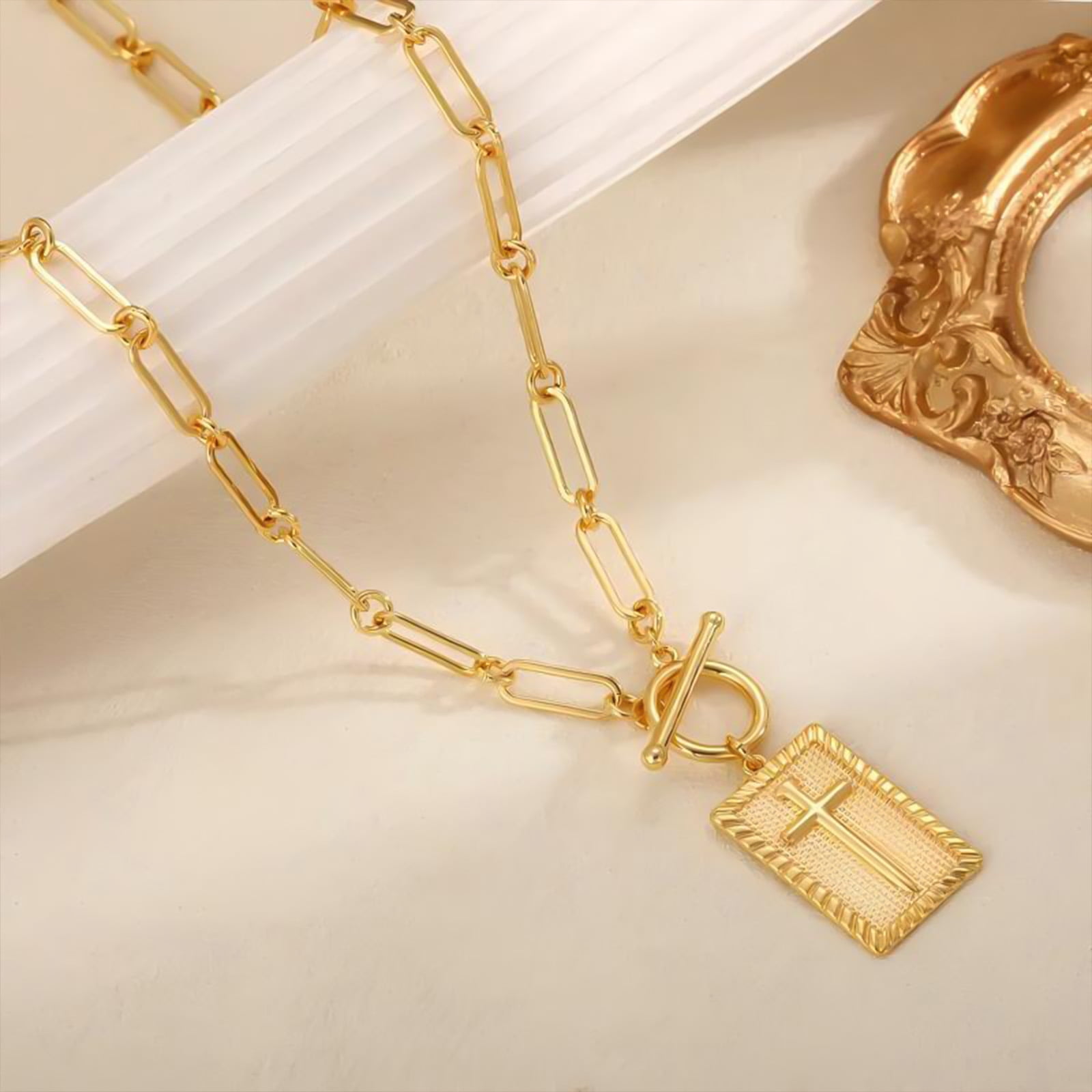 HETICA Chunky Cross Necklace Gold Silver Paperclip Chain Rectangle