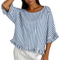 thumbnail image 6 of Qulqfy Crew Neck Women's Blouses Casual Striped Short Sleeve Loose Ruffle Boho Spring Summer Trendy Ladies Tops and Blouses L, 6 of 8