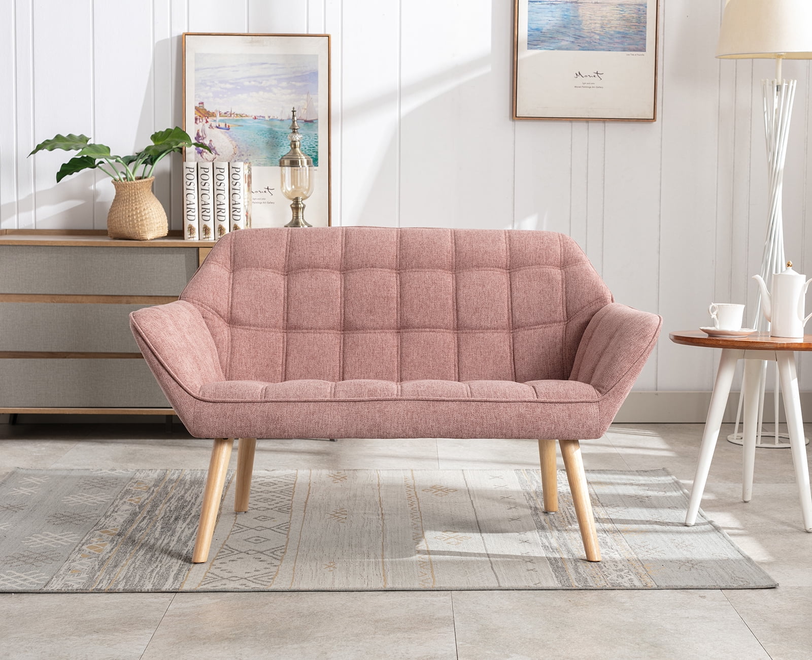 Guyou Small Loveseat Sofa, Modern Linen 2-Seater Mini Sofa Couch with Quilted Back and Armrests, Cute Accent Chair with Wooden Legs for Living Room Bedroom Apartment, Pink