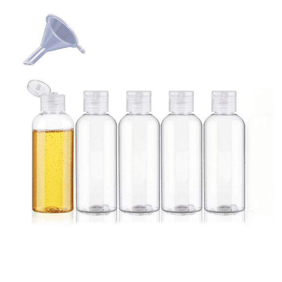 5Pcs Clear Travel Bottles for Liquids, 3.4oz Leak Proof Squeeze Bottle with Flip Cap and Funnels, Empty Plastic Bottle, Small Refillable Travel Lotion Container for Toiletries Cream Shampoo