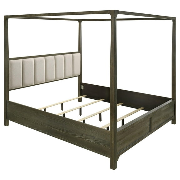 Seon Queen Canopy Bed w 4 Posters, Ivory Upholstery, Dark Cocoa Brown