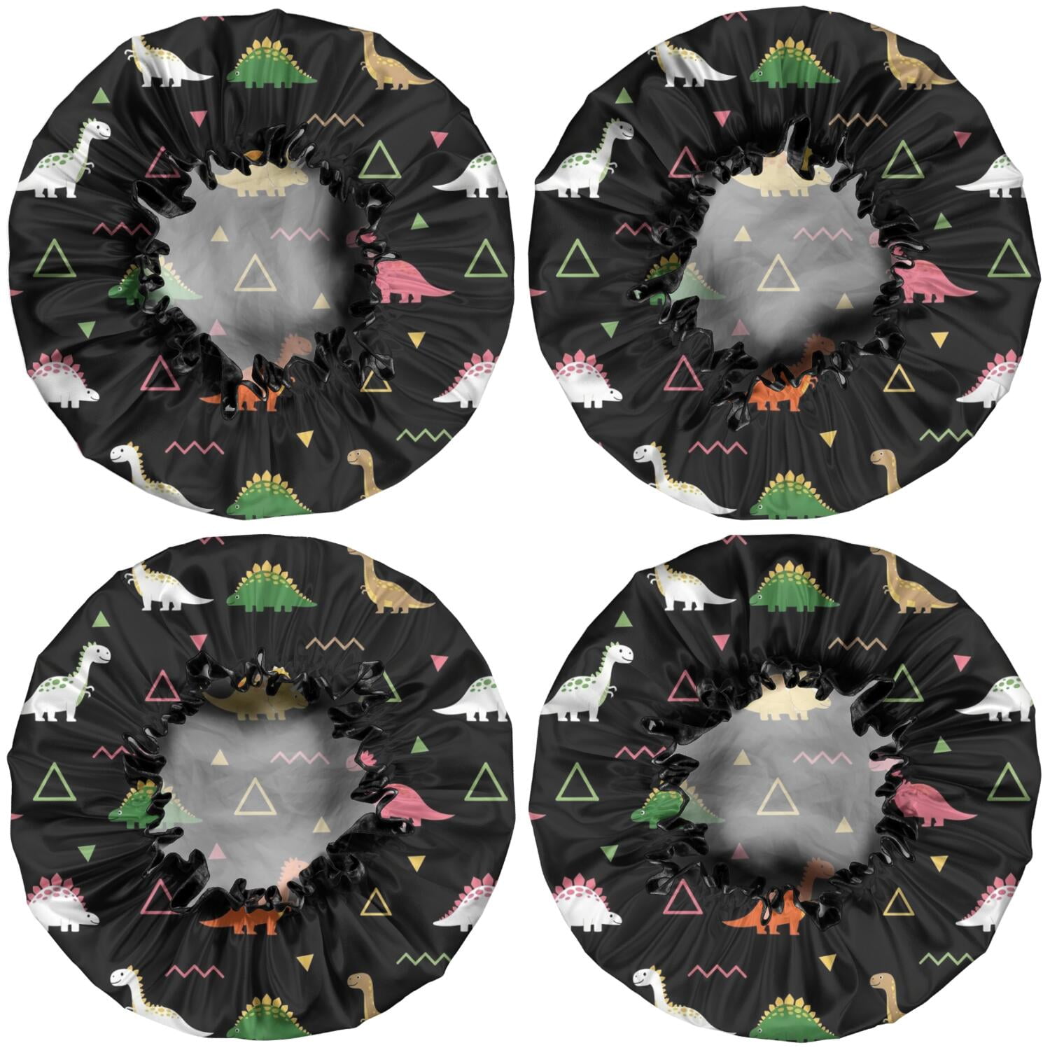 Shower Caps,Black Dinosaurs Geometric Pattern Waterproof Shower Cap for Women 4 Pieces,Double Reusable Hair Cover for Shower PEVA Elastic Stretch Hem