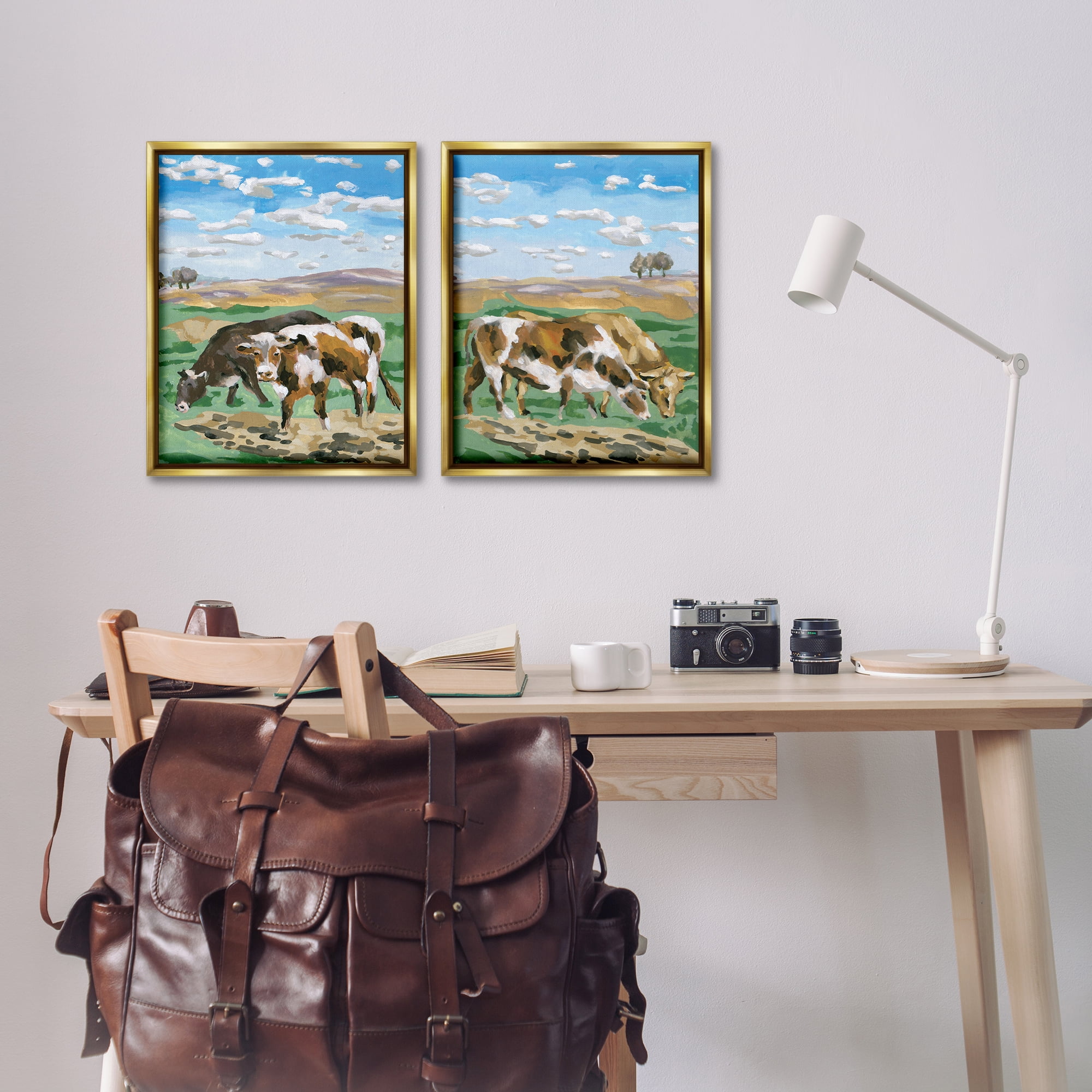 Stupell Industries Cows Grazing in Field Animals Painting Gold Floater Framed Canvas Art Print Wall Art, 17 x 21, Set of 2