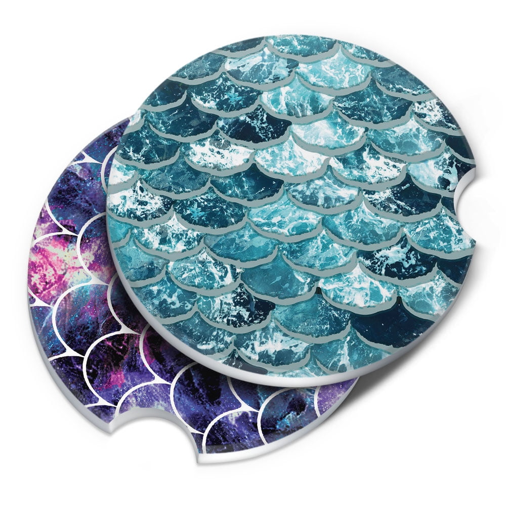 CARIBOU Round Ceramic Stone Drinks Car Coaster Set of 2pcs, Mermaid