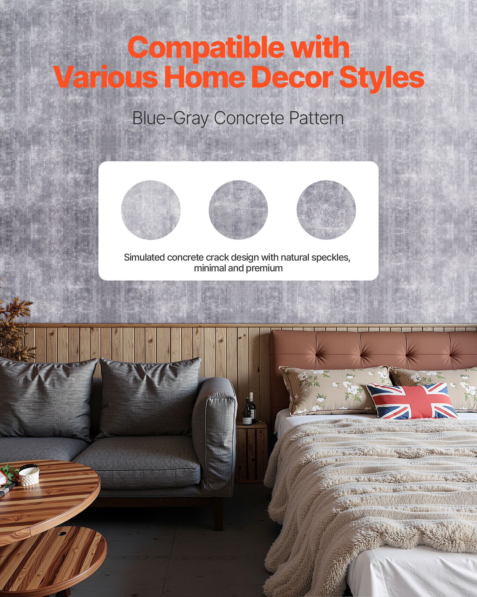 VEVOR Peel and Stick Wallpaper, 15.7 x 590.5 inch Contact Paper Waterpoof Self Adhesive, Easy to Clean Wall Decorative Vinyl Roll for Bedroom Kitchen Bathroom Office,Dark Gray Industrial Style