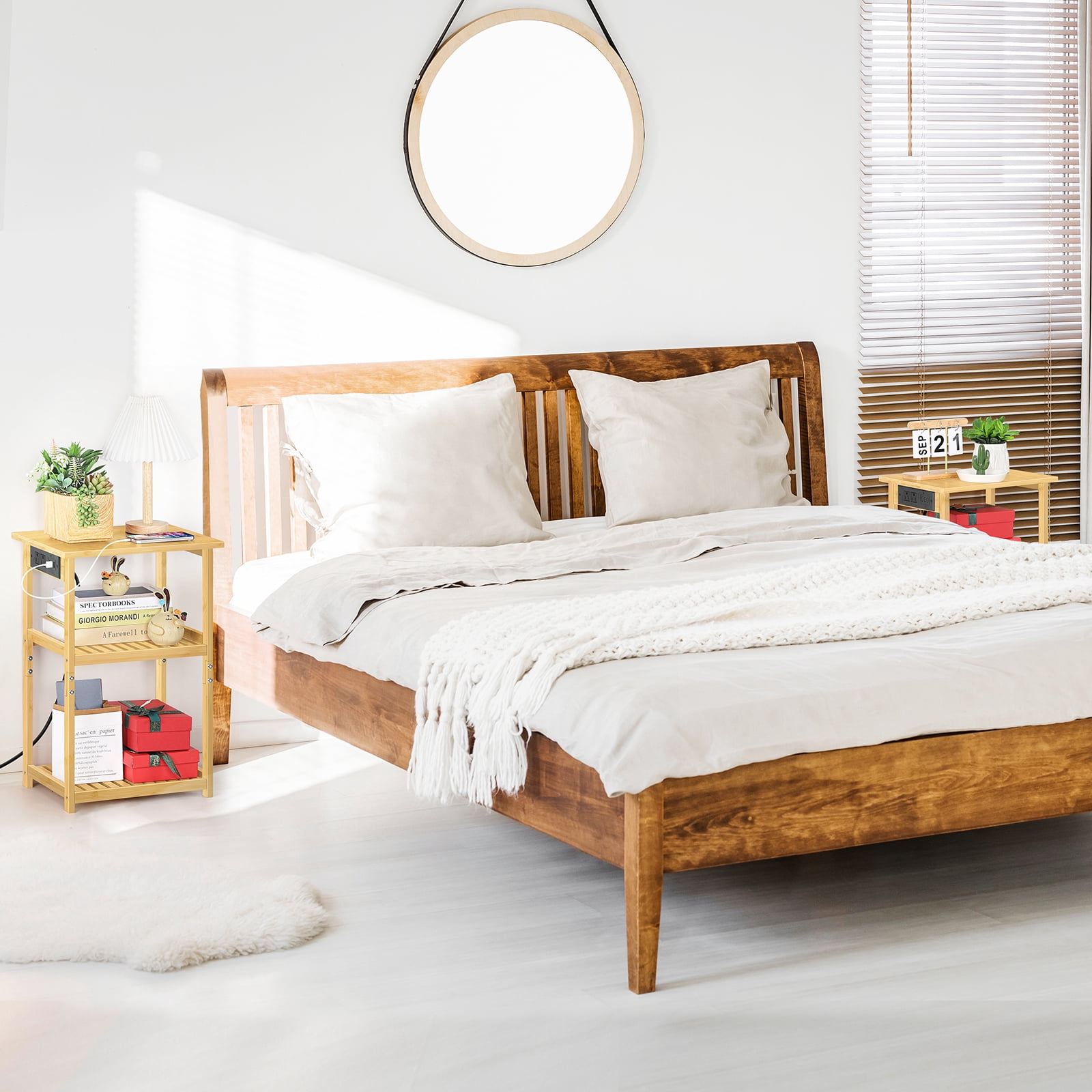 Wood Bamboo Nightstand with Charging Station, 3鈥慣ier Open Shelf End Table for Bedroom Living Room