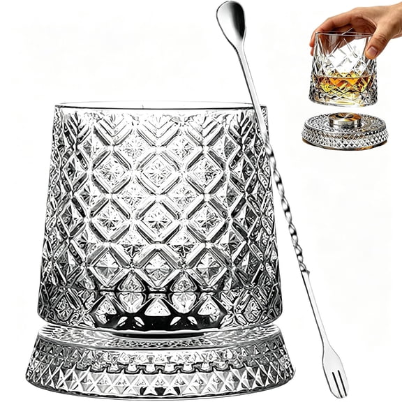 Spinning Whiskey Glasses, Crystal Tumbler with 360° Spinning Base for Bourbon and Scotch, Father's Day Gift