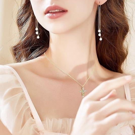Women's Gifts Upgraded Crown Cross Necklace for Women 14K Gold Plated Crown Cross Pendant Necklace Simple Diamond Gold Necklaces Faith Cross Jewelry First Communion Necklace