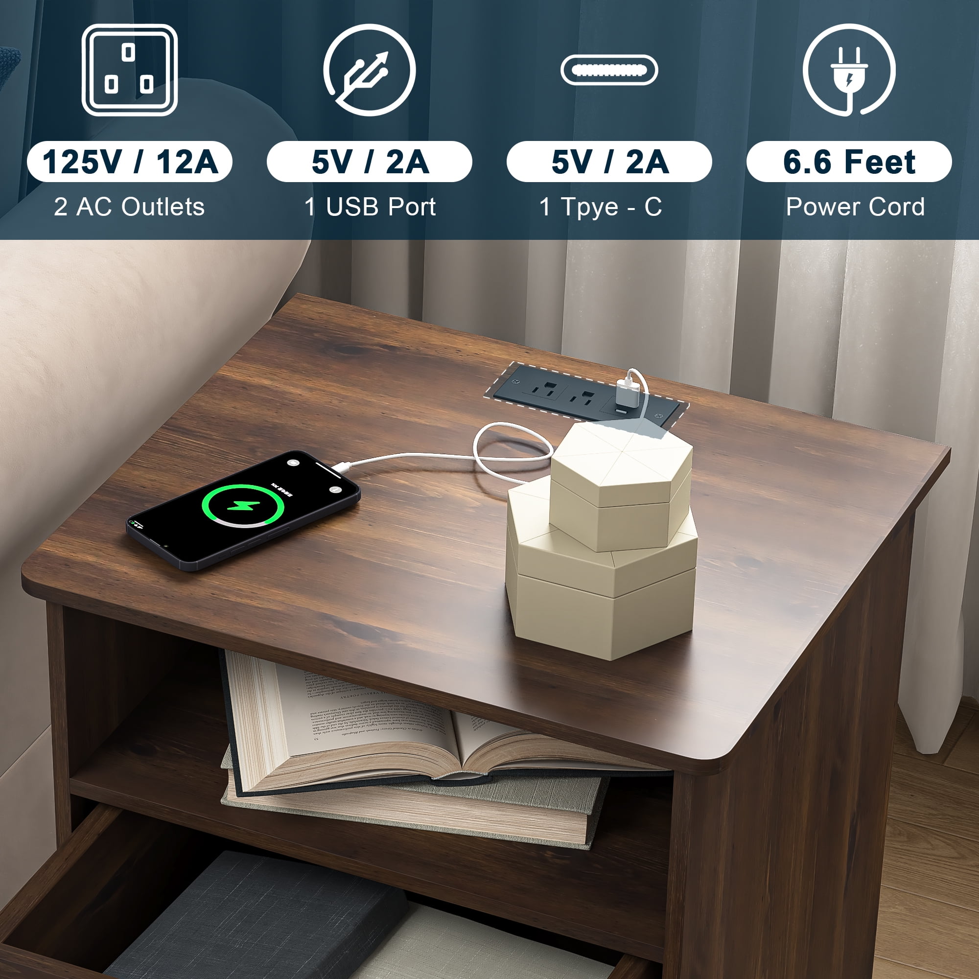 Demi Bonn 18" Side Table with Fast Charging Station USB C Cable Fast Charging, End Table Nightstand with Drawer and Shelf for Bedroom, Living Room, Brown