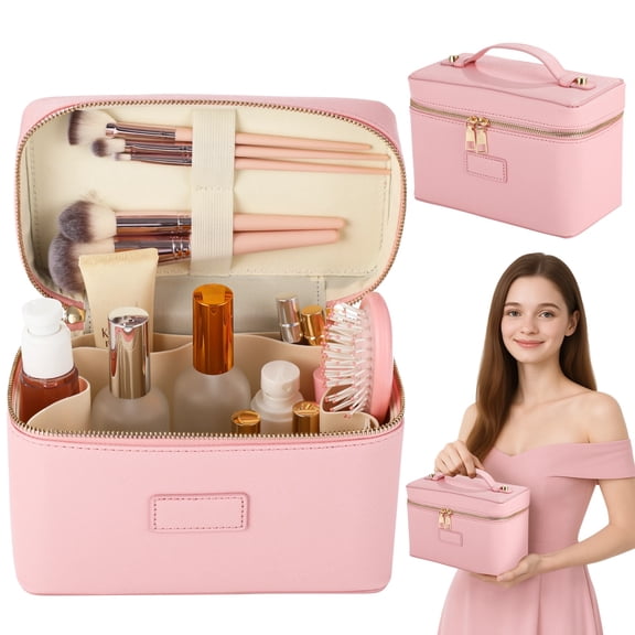 PU Leather Travel Makeup Bag, Large Capacity Zippered Cosmetic Organizer with Removable Liner, Waterproof Toiletry Bag, Portable Cosmetic Case for Women Skincare Brushes Accessories