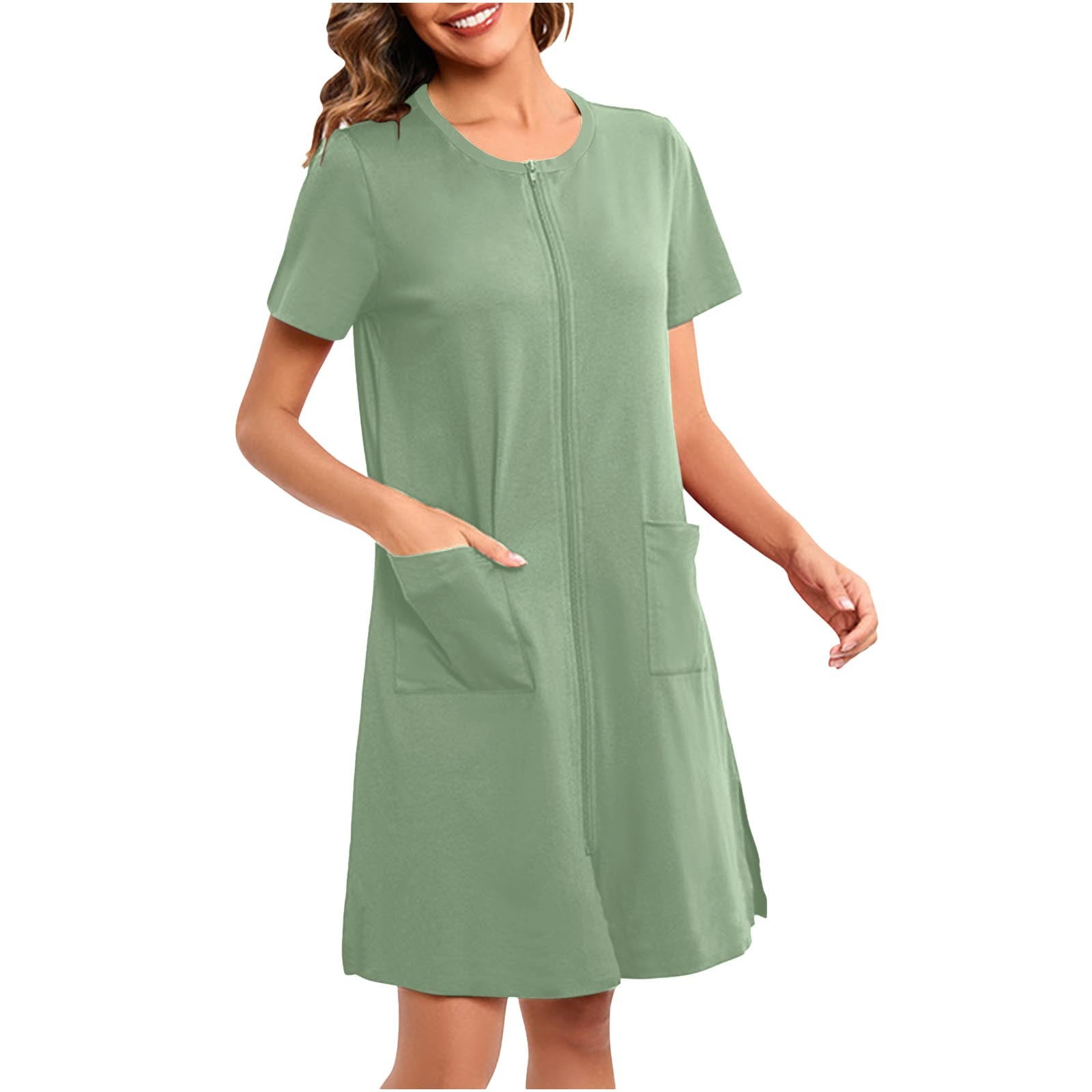 BLVB Women's Zip up Housecoat Zipper Front Robe Lightweight Bathrobe Short Sleeve Loungewear Nightgowns with Pockets S-XXL