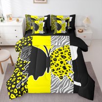Homewish Yellow Butterfly Animal Bedding Comforter Set 7 Pieces, Romantic Valentines Day Full Bedding Set, Chic Leopard Zabra Print Reversible Fitted Sheet Flat Sheet, Ultra Soft Bedroom Decor