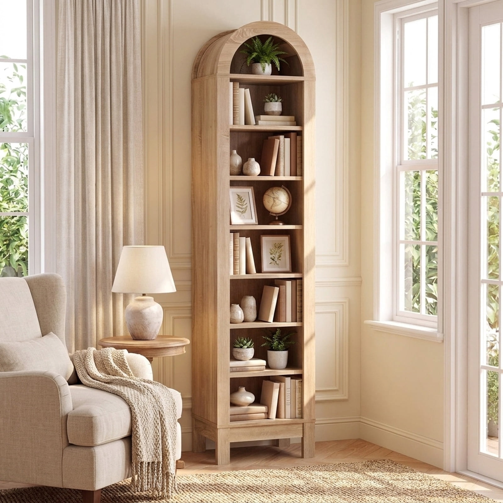 Furnibear 8-Tier Modern Arch Bookshelf with 3 Adjustable Shelves for Living Room Home Office Bedroom Display Storage Shelf, Natural