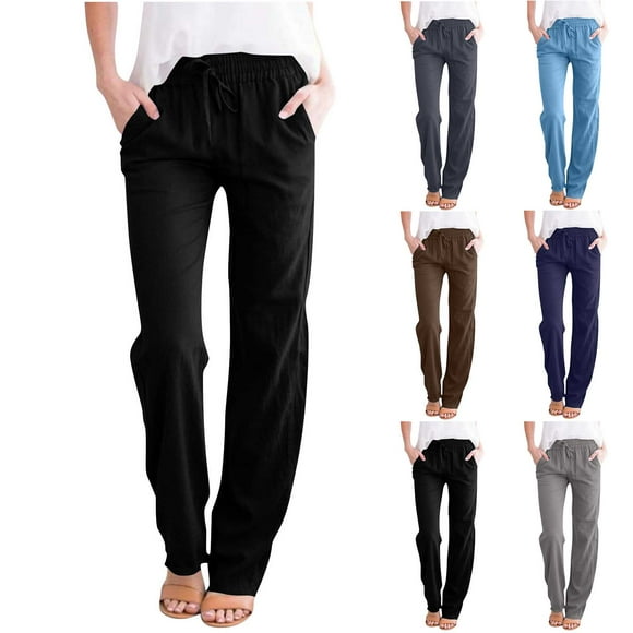 QATAINLAV Women's Straight Leg Linen Pants Summer Casual Lightweight Breathable Beach Pants Drawstrings High Waist Lounge Trousers with Pockets Navy S Sales of The Day Lightning