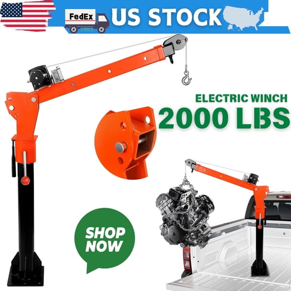 Folding Pick-up Bed Crane, Jib Cranes with 12V 2000 lb Electric Winch Bolt-Secured Jeep Hardtop Hoist High-Strength Alloy Steel Lift Electric Hoist Truck-Mounted Crane for Pickup Truck Beds