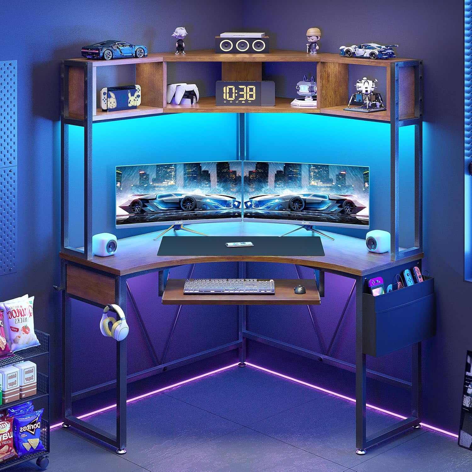 SEDETA Corner Gaming Desk with LED Lights&Hutch Computer Desk with Headphone Hook&Keyboard Tray for Bedroom, Rustic Brown
