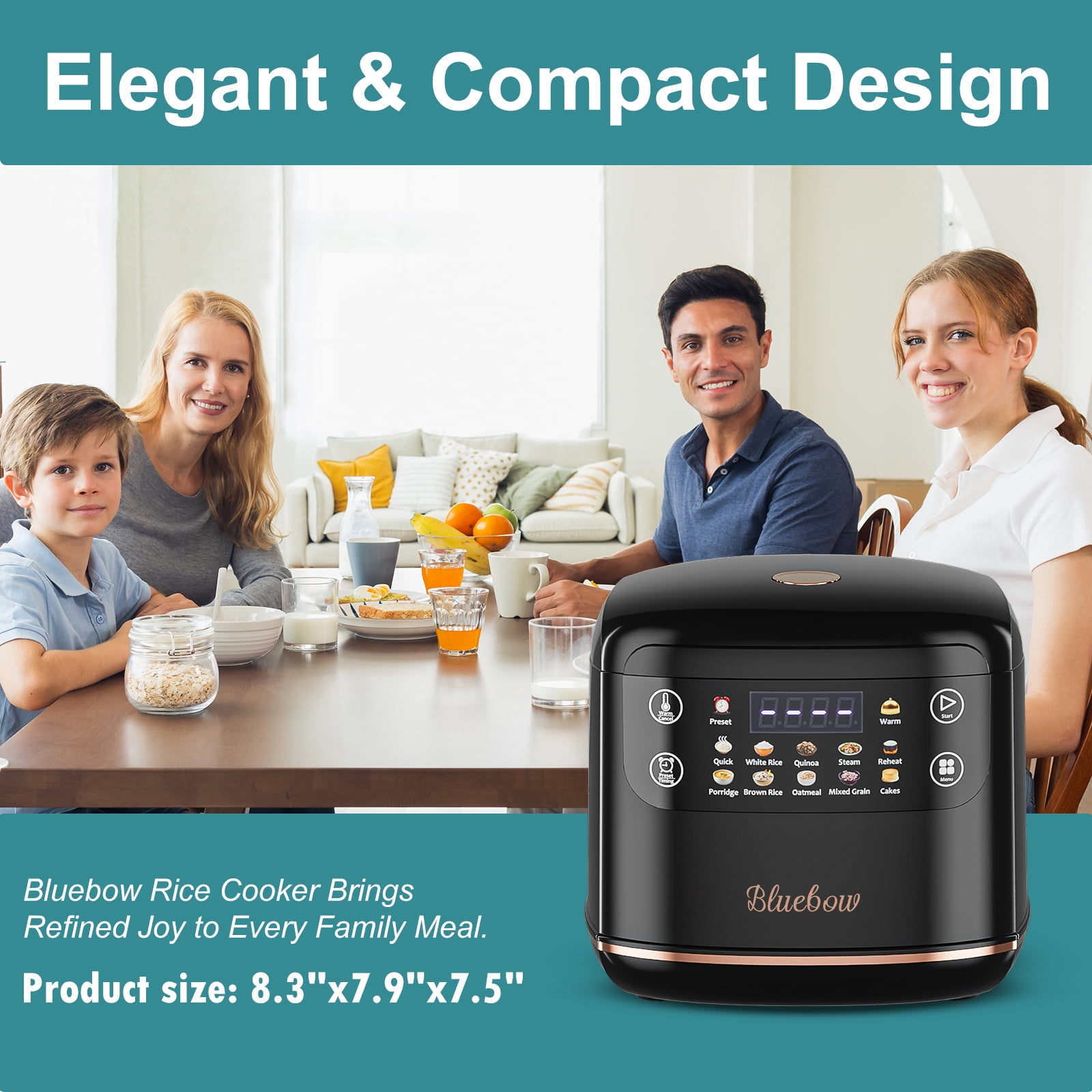 Bluebow Digital Rice Cooker, 6-Cup/2.1QT Small Rice Maker, 10 Presets, 24-Hour Delay Timer & Keep Warm, Non-Stick Inner Pot, Black