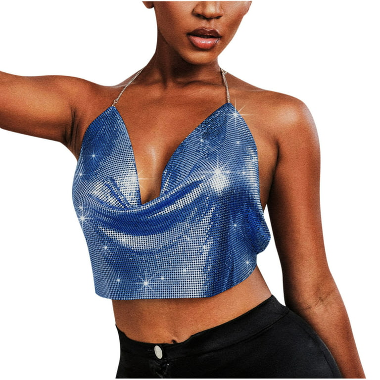 XFLWAM Women Metal Sequin Sparkle Glitter Tank Deep V Neck Spaghetti Strap  Backless Chain Halter Crop Tops Party Blouse Blue Free Size
