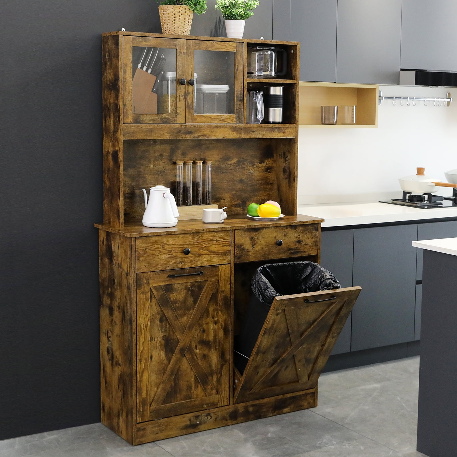LAZY BUDDY Dual Tilt Out Trash Cabinet, 20 Gallon Kitchen Hidden Garbage Can Cabinet Tall Freestanding Kitchen Pantry Cabinet, Brown