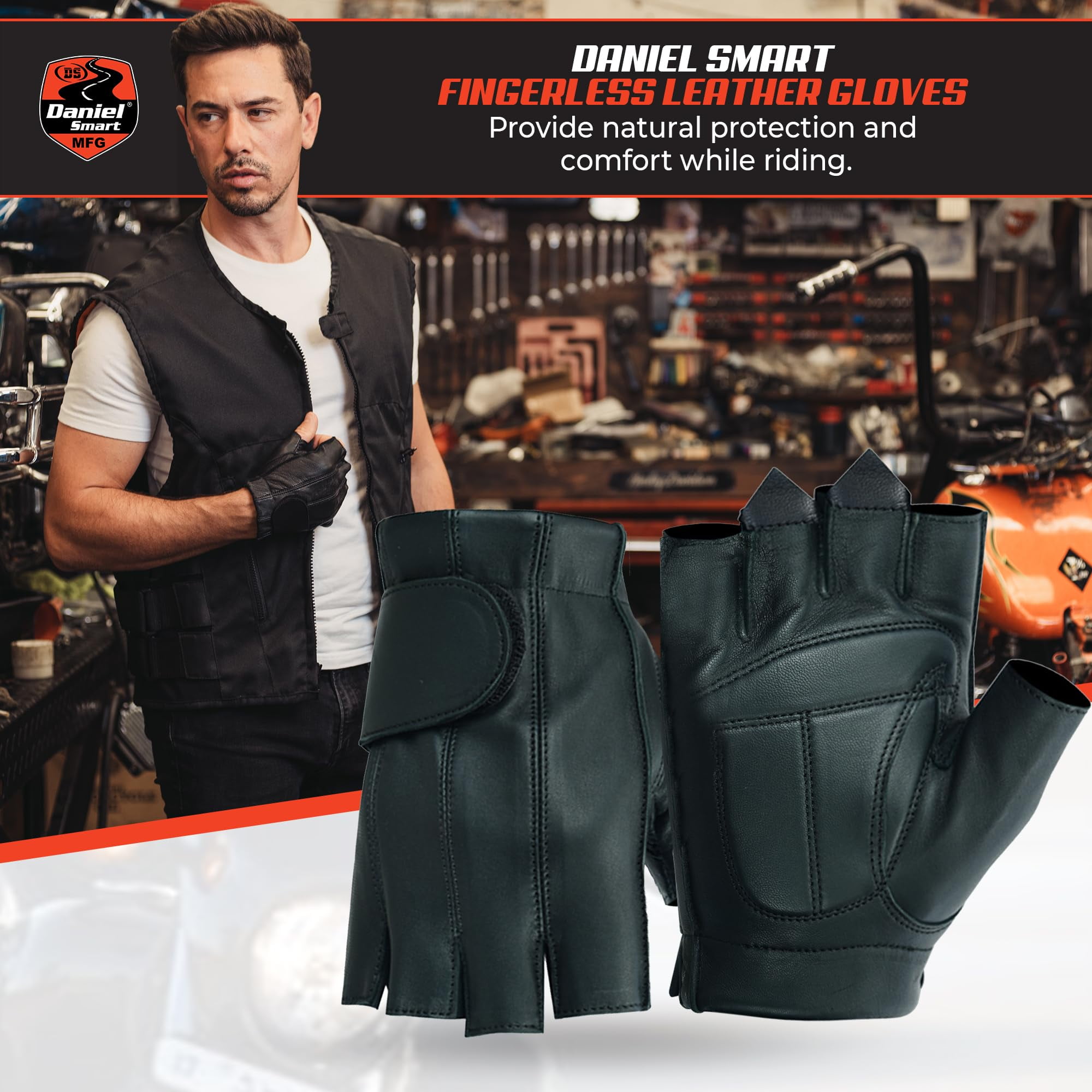 Daniel Smart Deerskin Leather Gloves – Fingerless Men Motorcycle Gloves with Gel Palm and Wrist Strap