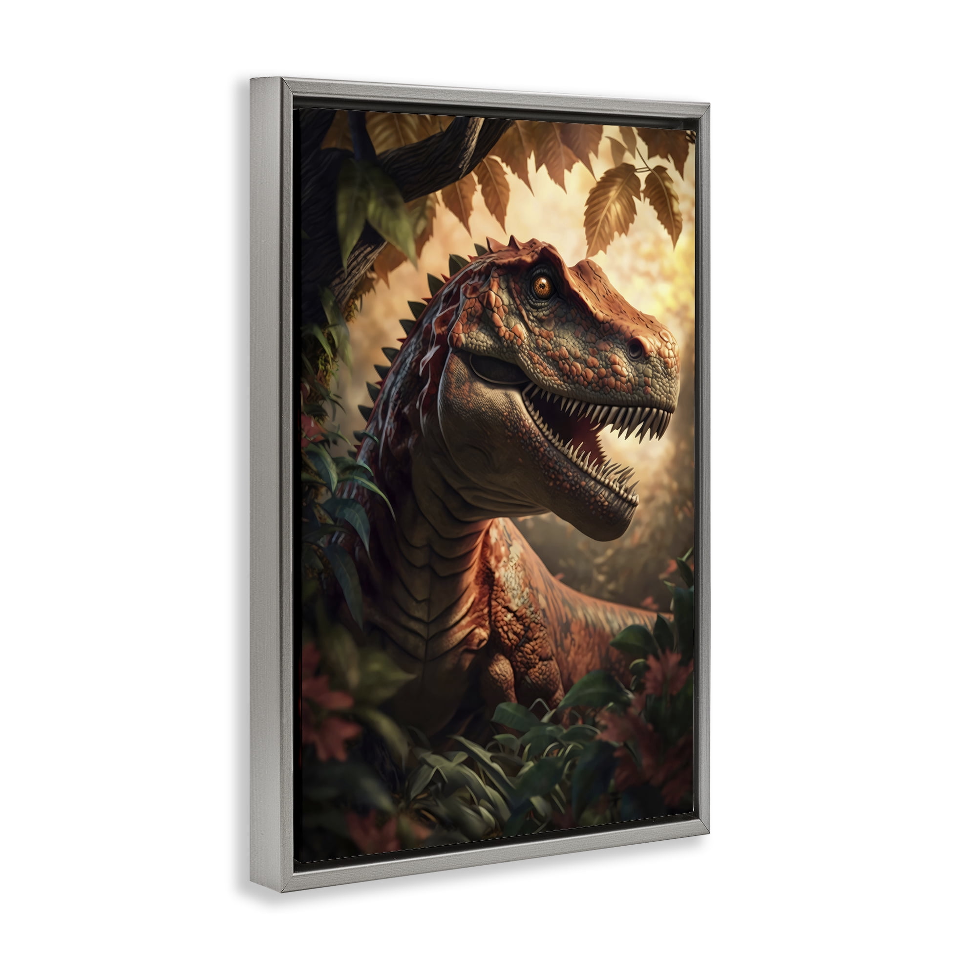 Stupell Industries Jungle Raptor with Ancient Foliage Gray Framed Floater Canvas Wall Art, design by Creative Studio