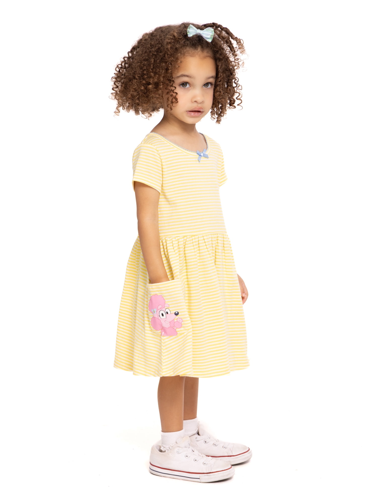 Bluey Toddler Girl Short Sleeve Striped Dress with Graphic Pockets, Sizes 12M-5T