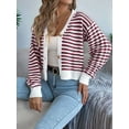 thumbnail image 2 of Womens Long Sleeve Striped Cardigan Sweaters Striped Cropped Button Fall Trendy Open Front Knit Sweater Coats Wine Red L, 2 of 8