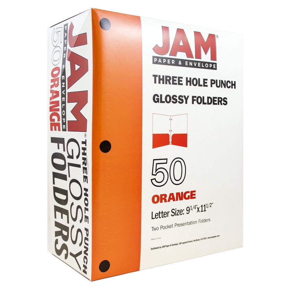 JAM Paper Glossy 3 Hole Punch Folders, Orange, 50/Pack