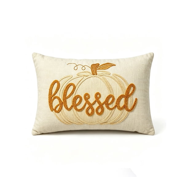 Fall Lumbar Throw Pillow with Pumpkin Embroidered Design for Sofa Bedroom and Harvest Decor