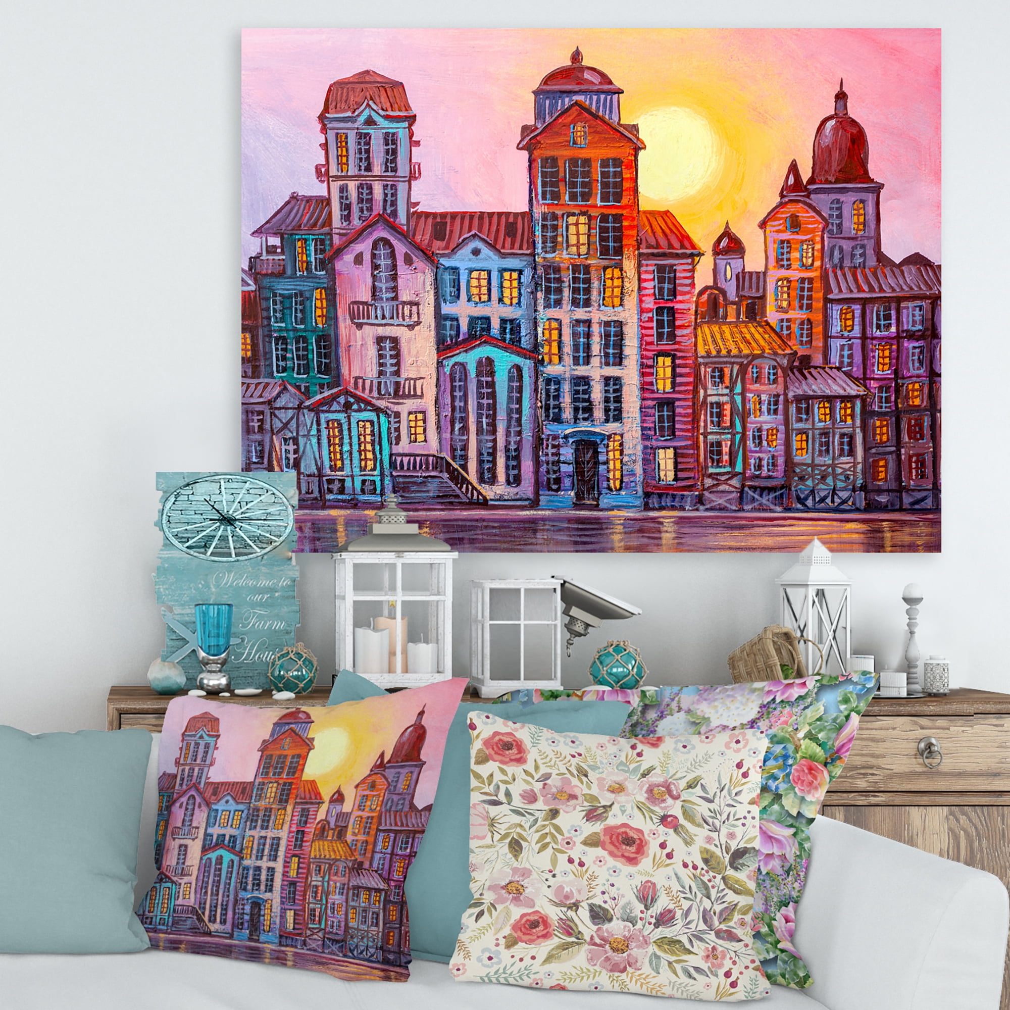 Afternoon Street Scene In Old Town With Colorful Buildings 32 in x 16 in Painting Canvas Art Print, by Designart