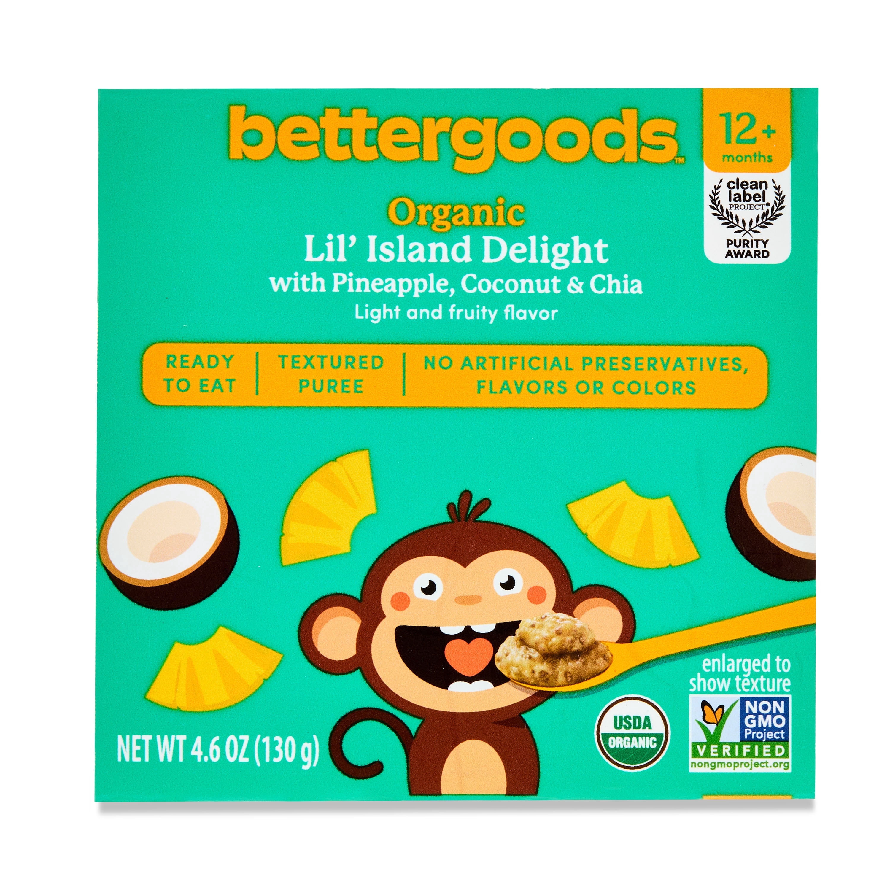 (6 pack) bettergoods Organic Stage 4 Baby Food Lil' Island Delight with Pineapple, Coconut, and Chia, 4.6 oz Tub