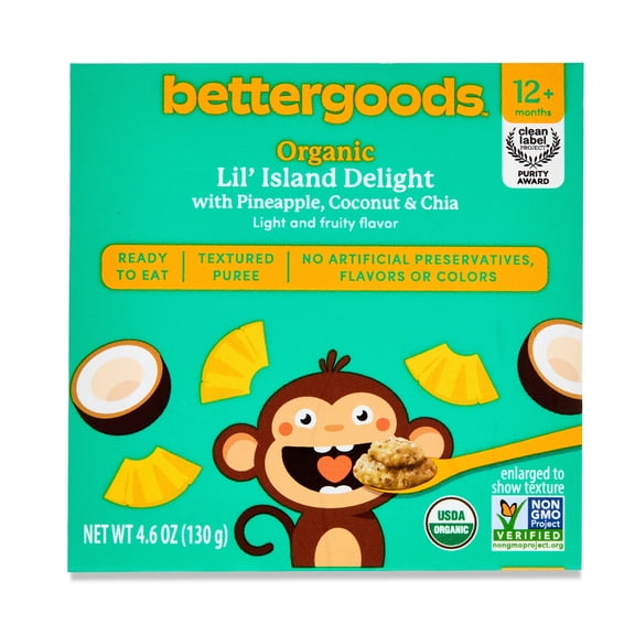 bettergoods Organic Stage 4 Baby Food Lil' Island Delight with Pineapple, Coconut, and Chia, 4.6 oz Tub