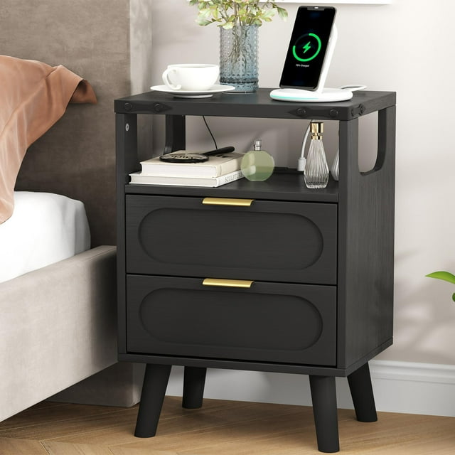 Table de Nuit avec Station de Recharge, Table de Nuit Moderne Noire à DEL avec 2 Tiroirs pour Chambre et Salon